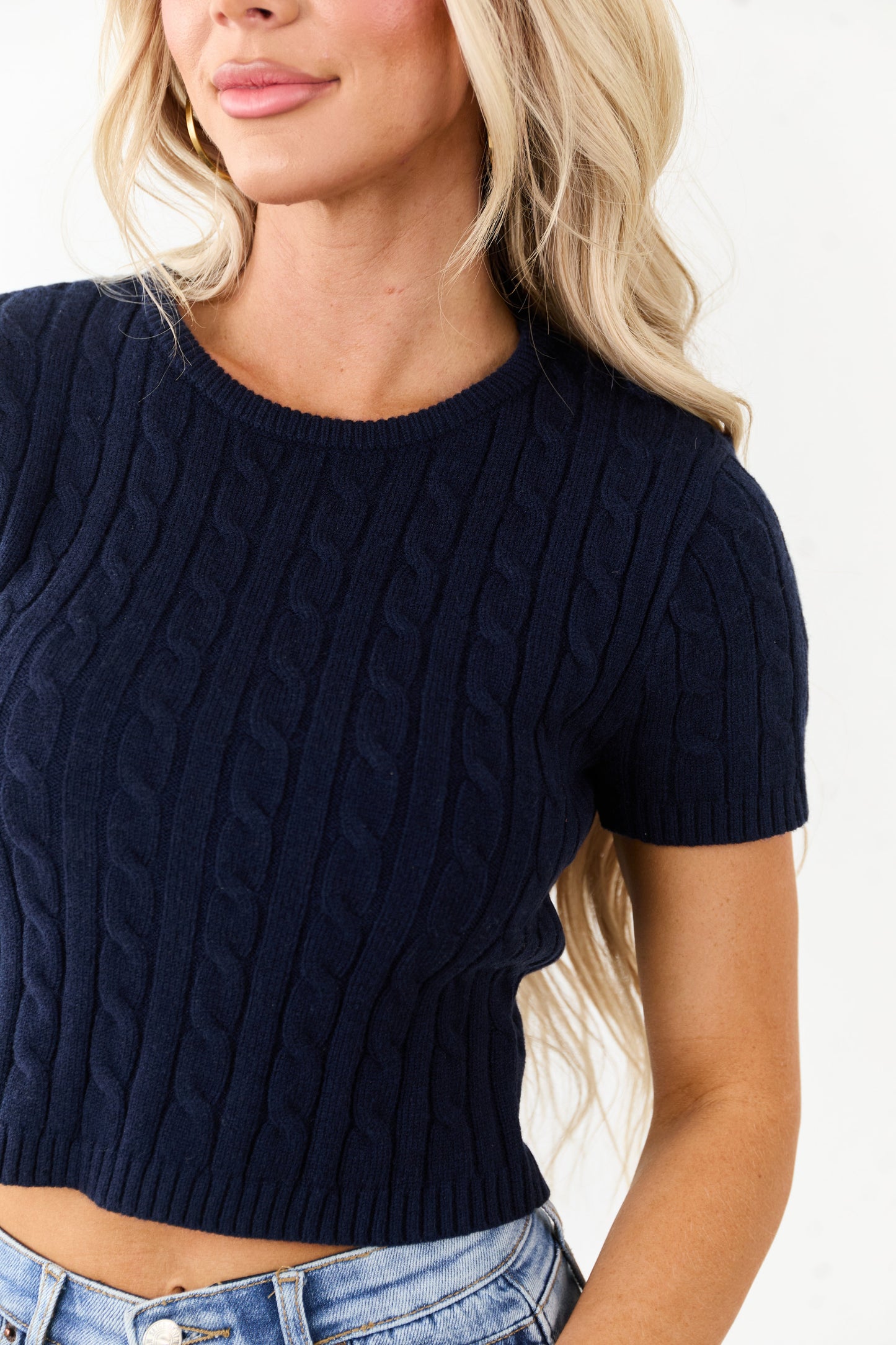 Navy Round Neck Short Sleeve Cable Knit Top