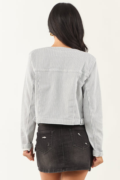 Navy and Off White Pin Stripe Buttoned Denim Jacket