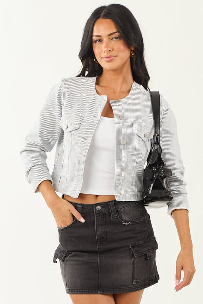Navy and Off White Pin Stripe Buttoned Denim Jacket