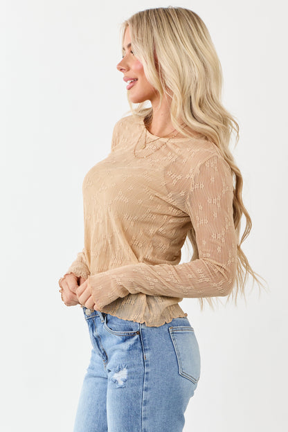Nude Lace Round Neck Long Sleeve Top