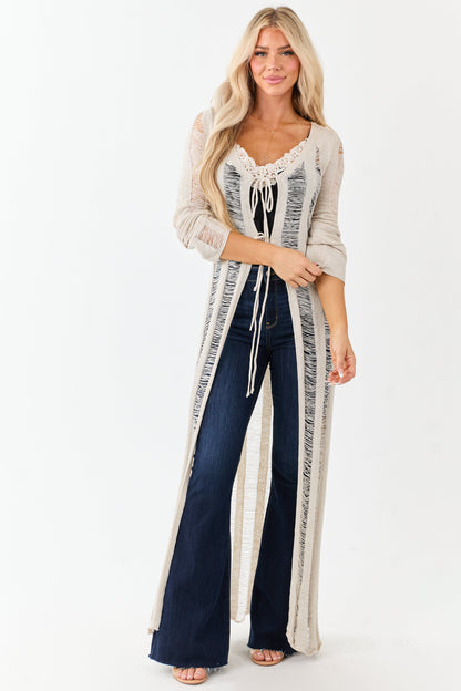 Oatmeal Distressed Ladder Stitch Duster Cardigan