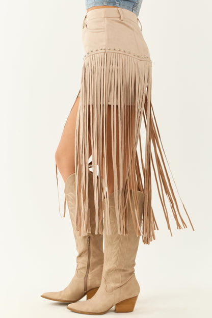 Oatmeal Faux Suede Fringe High Rise Studded Shorts