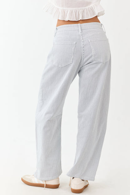 Off White High Rise Railroad Stripe Stretchy Barrel Jeans