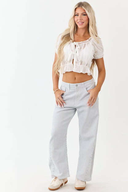 Off White High Rise Railroad Stripe Stretchy Barrel Jeans