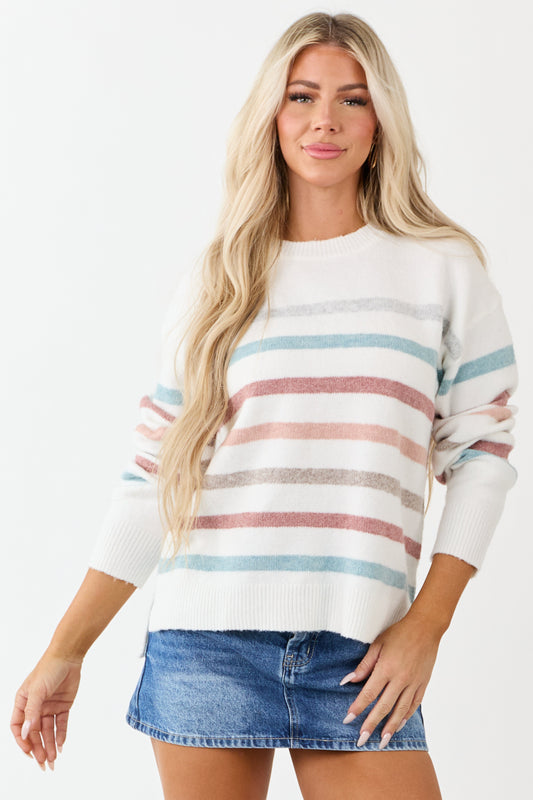 Off White Striped Long Sleeve Knit Sweater