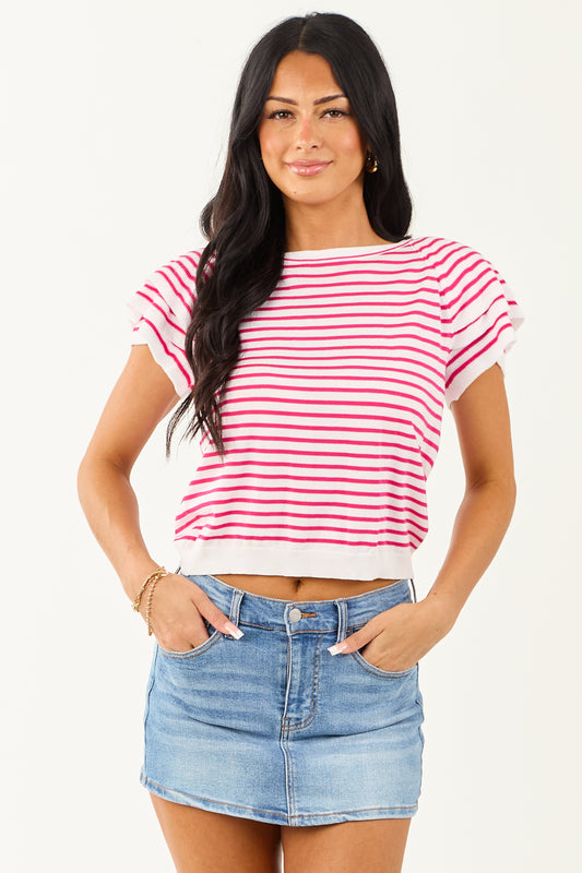 Off White and Raspberry Striped Short Sleeve Top