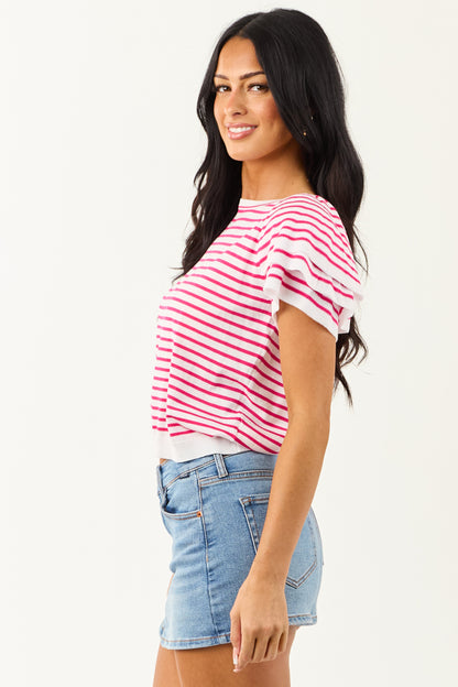 Off White and Raspberry Striped Short Sleeve Top