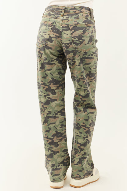 Olive Camo Print Stretchy Relaxed Straight Jeans