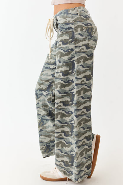 Olive Camo Print Wide Leg Drawstring Denim Pants