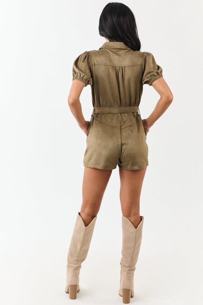 Olive Faux Suede Zip Up Collared Waist Tie Romper