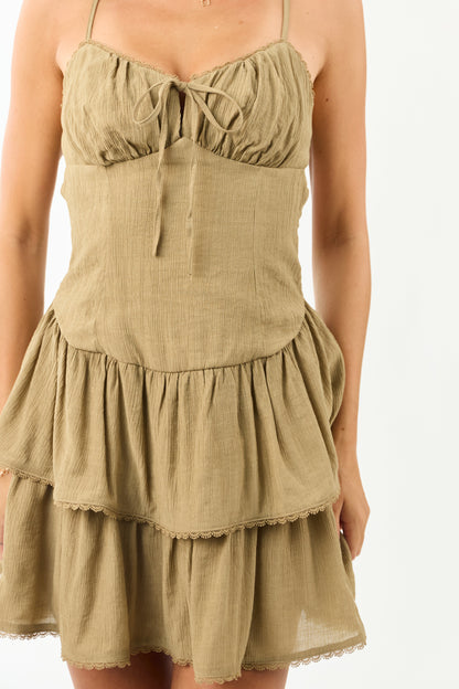 Olive Ruched Bust Back Cut Out Tiered Mini Dress