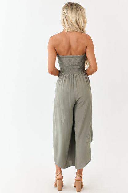 Olive Smocked Bodice Strapless Wide Leg Jumpsuit
