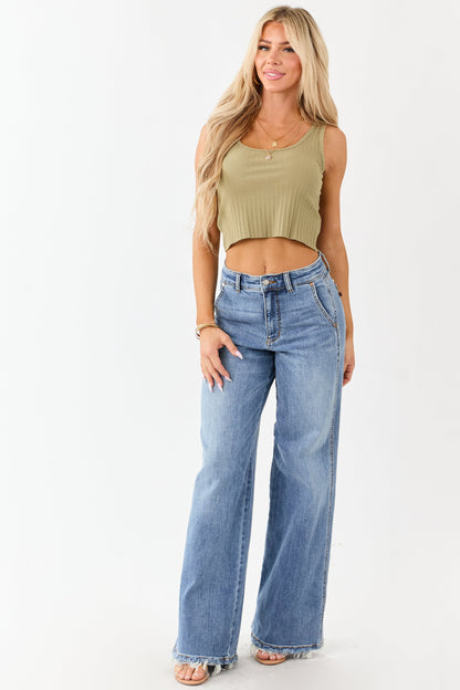 Olive Textured Ribbed Knit Cropped Tank Top