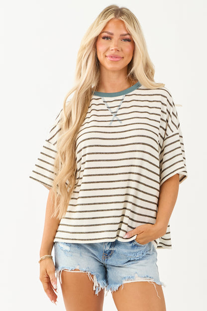 Olive and Ivory Striped Knit Half Sleeve Relaxed Top