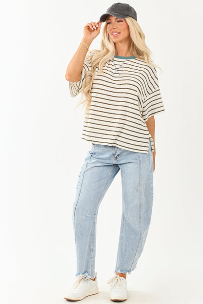 Olive and Ivory Striped Knit Half Sleeve Relaxed Top