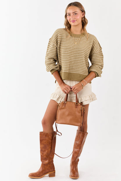 Olive and Ivory Two Toned Textured Knit Sweater