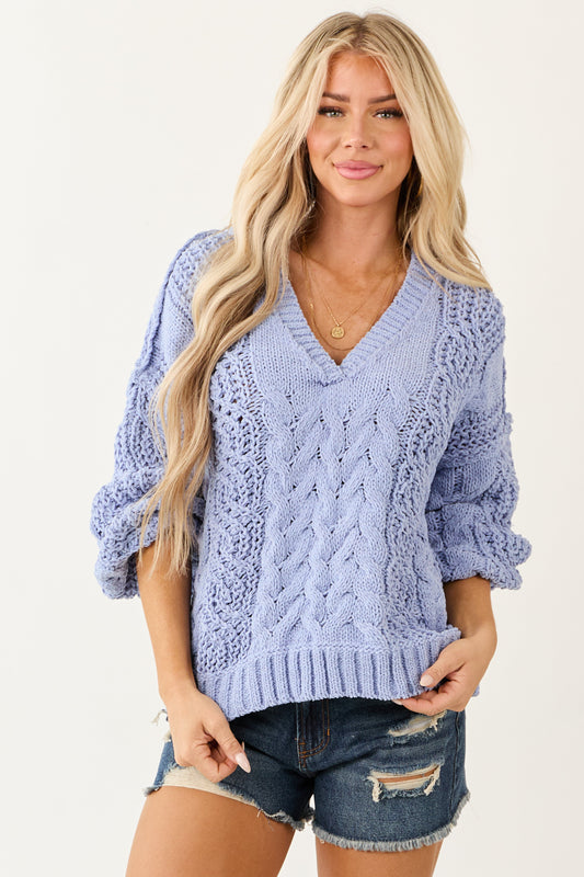 POL Cornflower Bubble Sleeve Cable Knit Sweater
