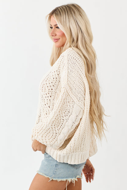 POL Cream Bubble Sleeve Cable Knit Sweater