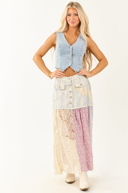 POL Cream Denim Patchwork Hem Maxi Skirt