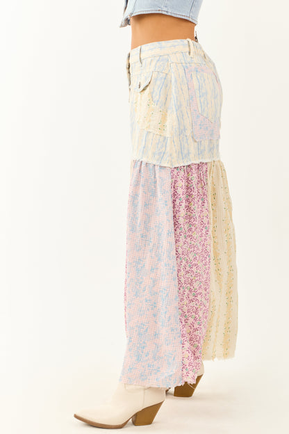 POL Cream Denim Patchwork Hem Maxi Skirt