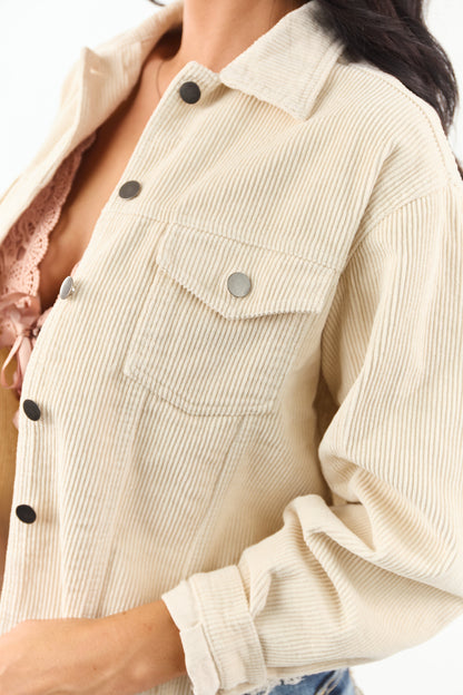 POL Cream Distressed Button Up Corduroy Jacket