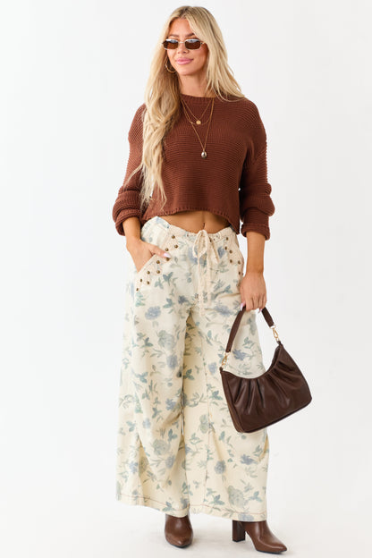 POL Cream Floral Print Wide Drawstring Denim Pants
