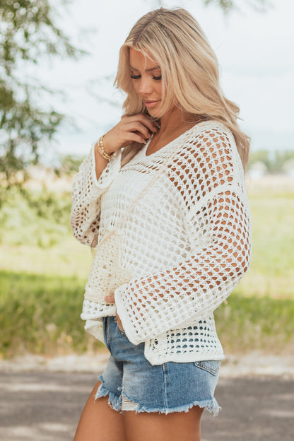 POL Cream Hooded Open Knit Long Sleeve Top