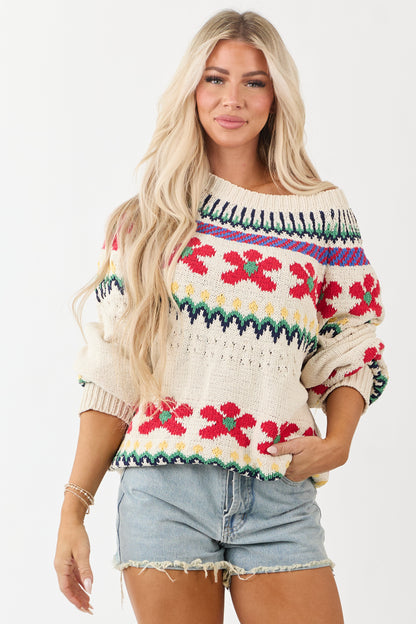 POL Cream Nordic Inspired Pattern Thick Knit Sweater