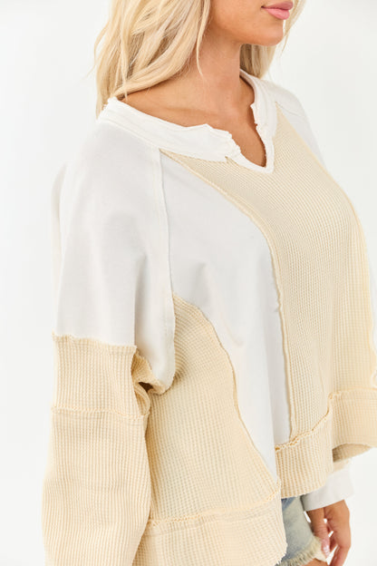 POL Cream Waffle Knit Colorblock Long Sleeve Top