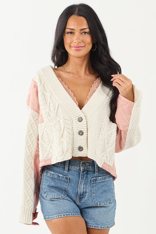 POL Cream and Dusty Blush Button Down Cardigan