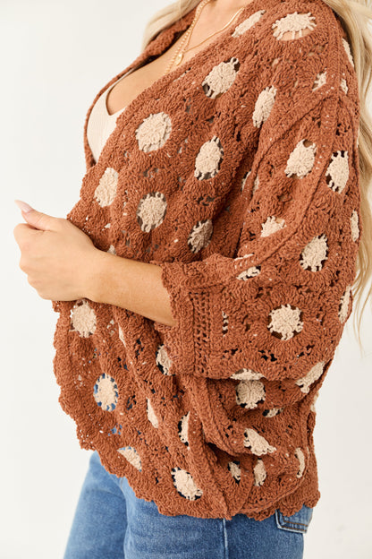 POL Deep Ginger and Latte Open Knit Batwing Cardigan