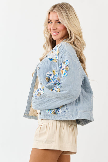 POL Floral Patch Denim Button Up Quilted Jacket