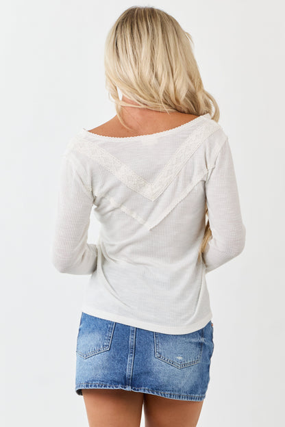 POL Ivory Half Button Down Lace Detail Top