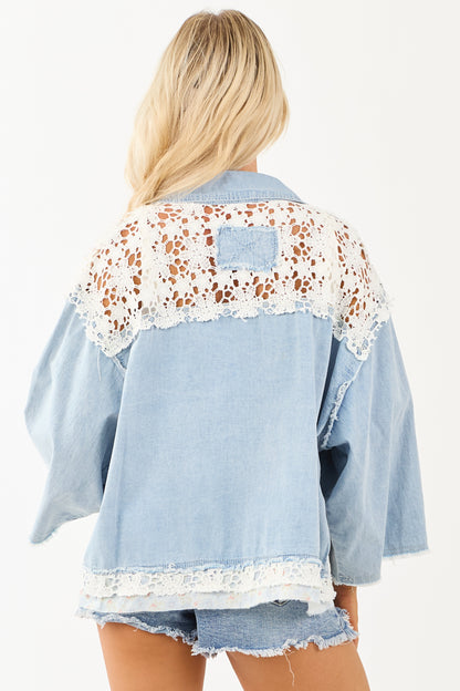 POL Light Wash Chambray Patchwork Button Up Shacket