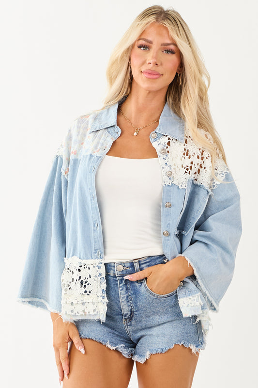 POL Light Wash Chambray Patchwork Button Up Shacket