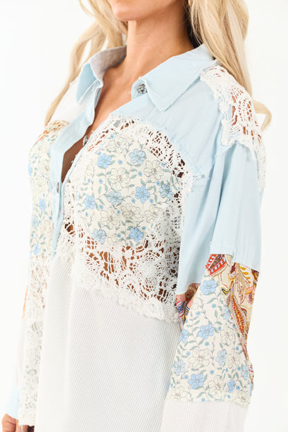 POL Light Wash Denim Patchwork Button Down Top