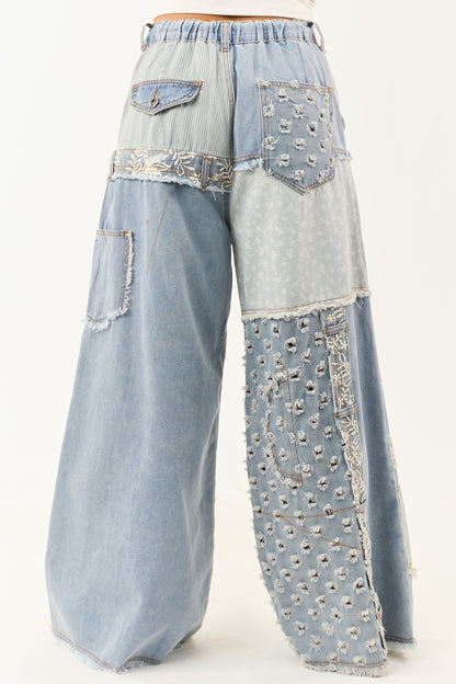 POL Light Wash Denim Patchwork Wide Leg Pants