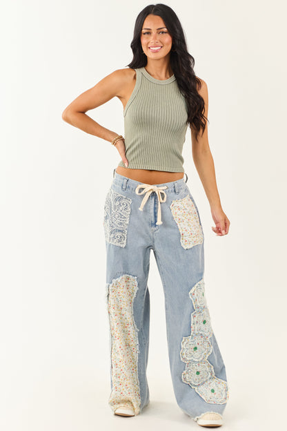 POL Light Wash Floral Patchwork Denim Pants