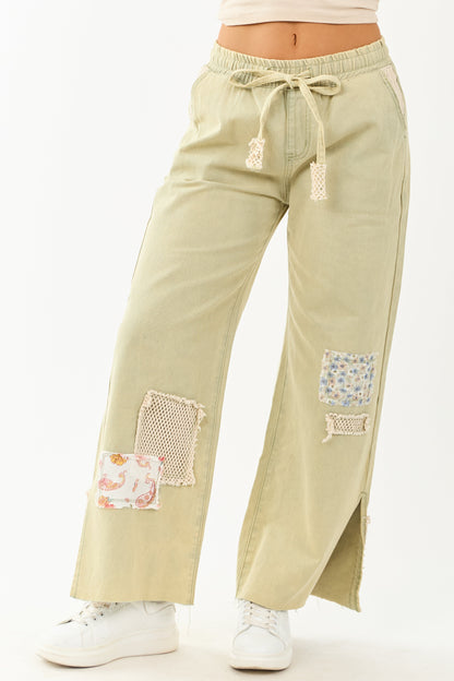 POL Sage Denim Wide Leg Patchwork Pants