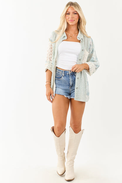 POL Sage Patchwork Button Down Long Sleeve Top