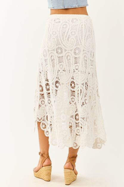 POL White Open Crochet High Low Hem Cotton Maxi Skirt