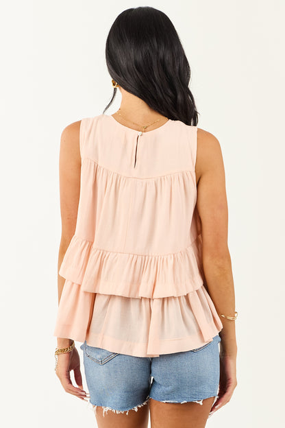 Peach Round Neck Tiered Ruffle Tank Top