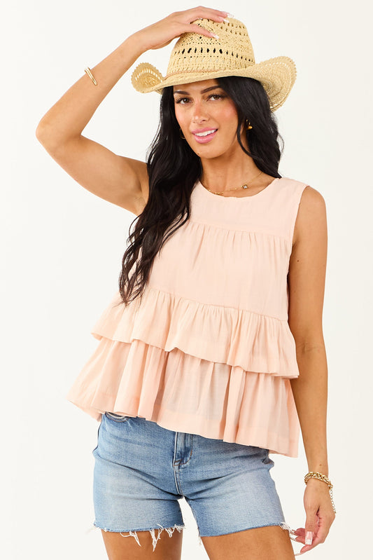 Peach Round Neck Tiered Ruffle Tank Top