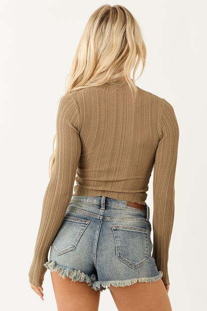 Peanut Mock Neck Sheer Ribbed Knit Long Sleeve Top