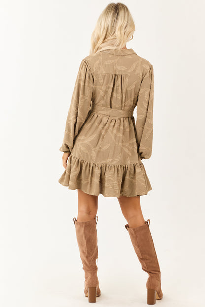 Peanut Textured Jacquard Leaf Collared Mini Dress
