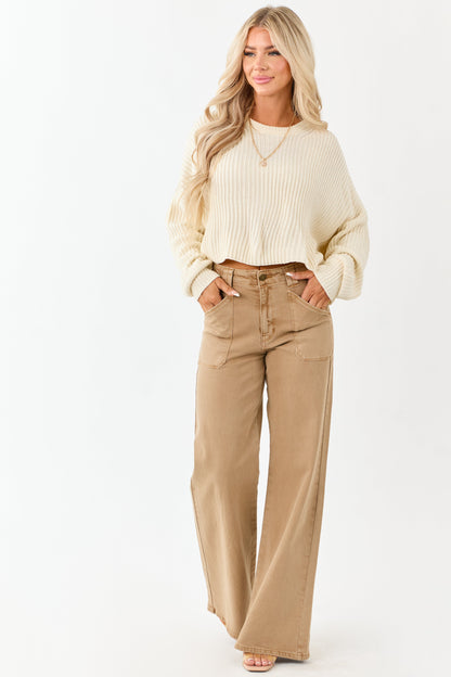Peanut Washed Stretchy High Rise Wide Leg Jeans