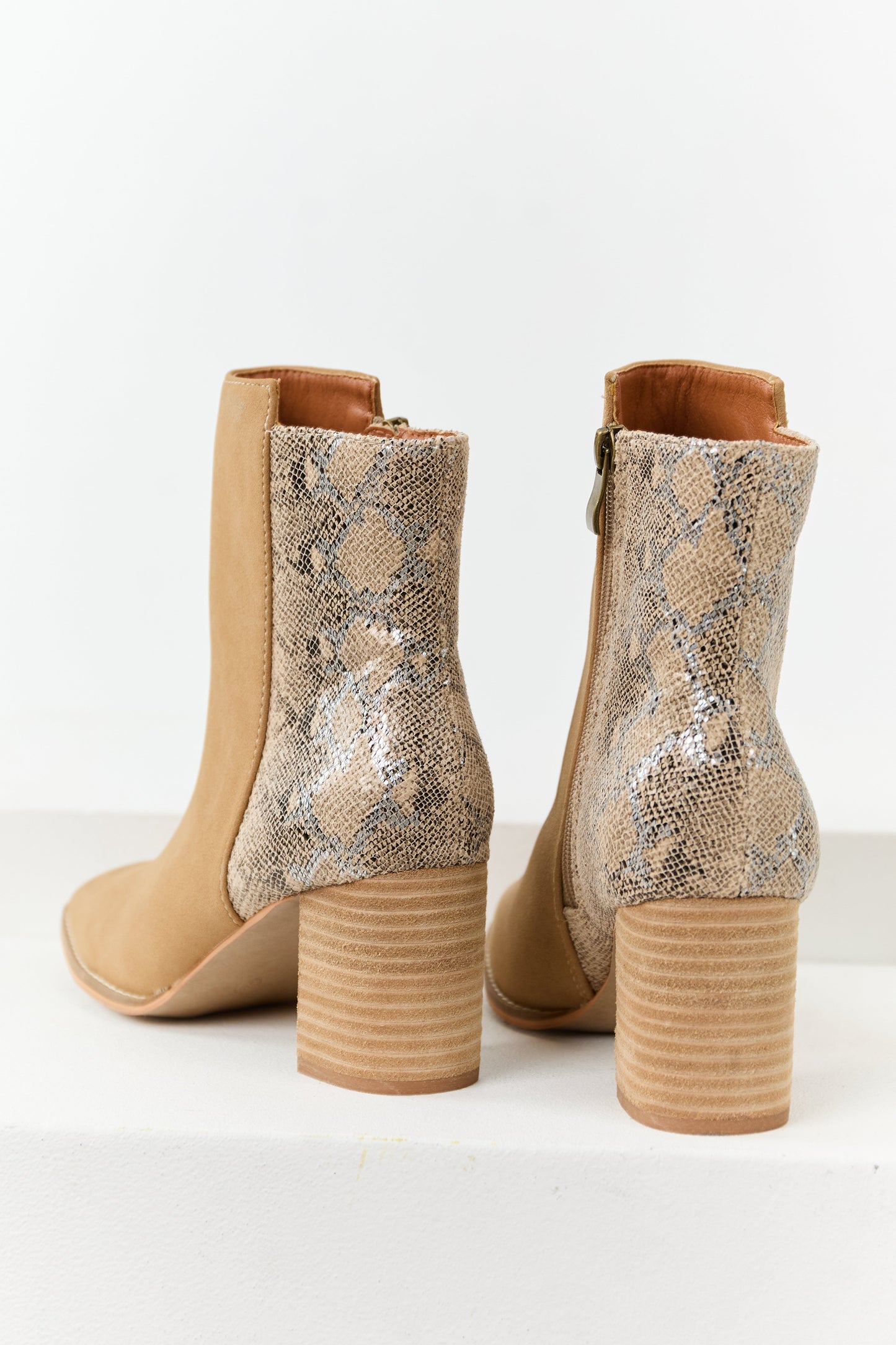 Peanut Faux Snakeskin Contrast Block Heel Booties