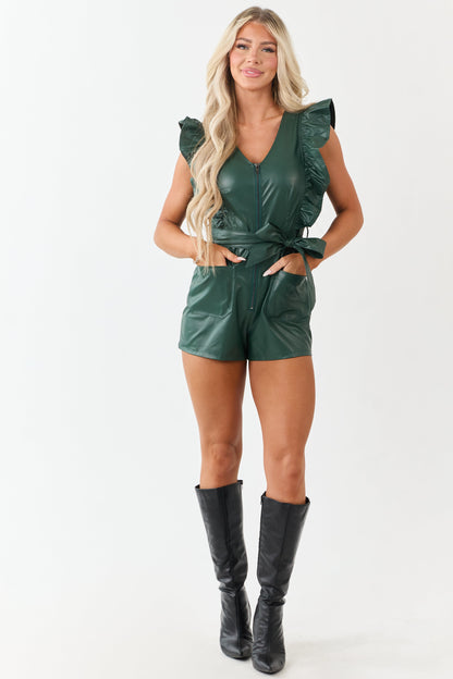 Pine Faux Leather Zip Up Ruffle Sleeve Romper
