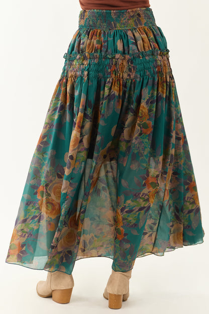 Pine Floral Print Smocked Waist Maxi Skirt