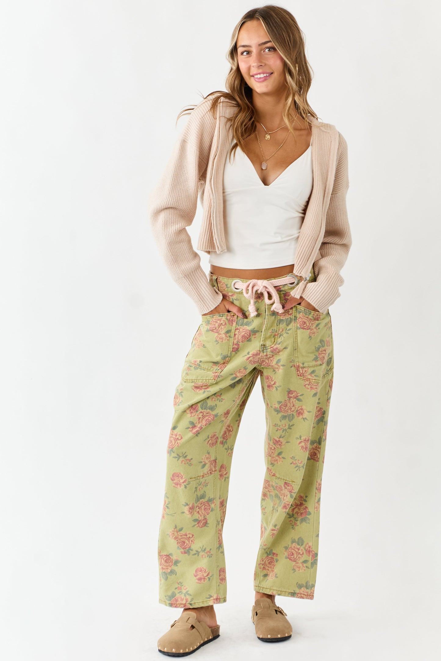 Pistachio Rose Print Rope Waist Belt Wide Denim Pants